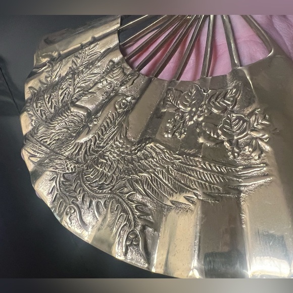 Antique Metal gold fan Asian decor motif wall art Japan Phoenix bird vtg - Picture 2 of 5
